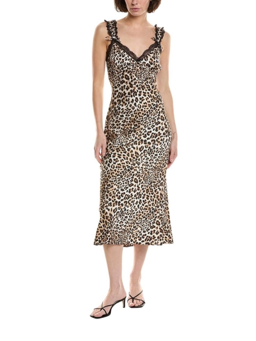 NEW ASTR The Label Lace Trim Satin Slip Dress in Leopard -Midi - Size Small